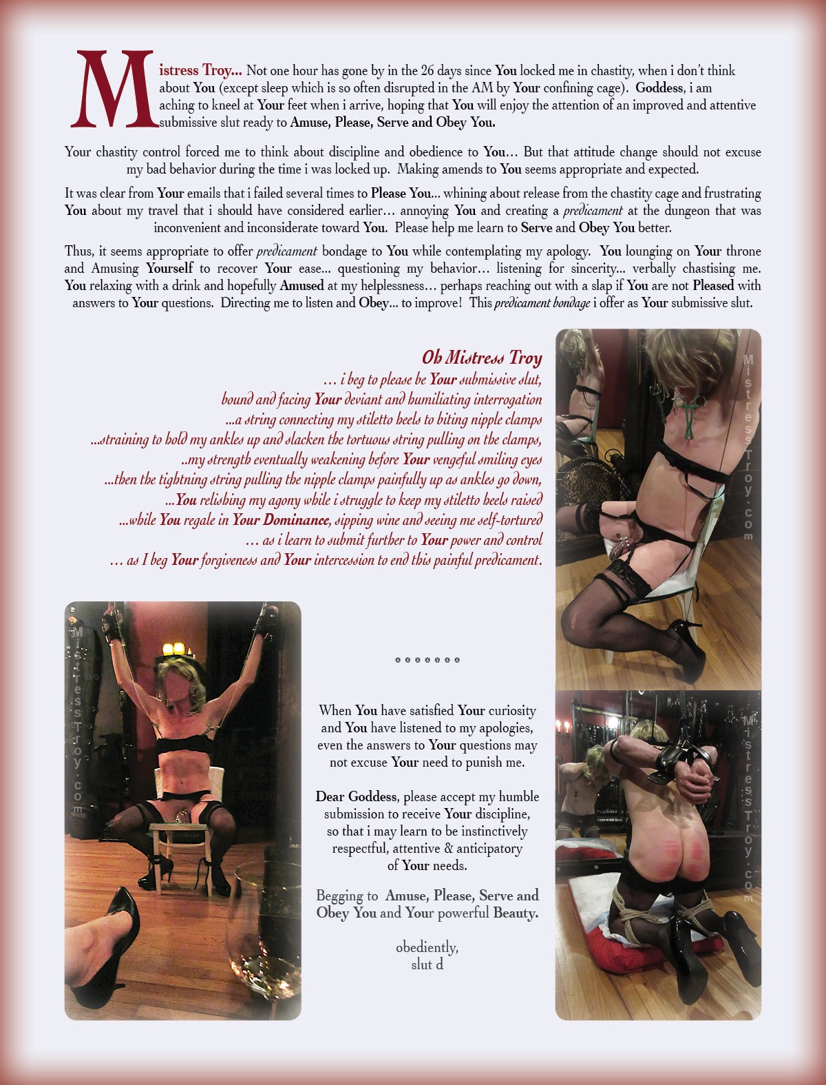 Mistress Troy, Professional Dominatrix, New York City's premier
Mistress of BDSM, fetish and femdom